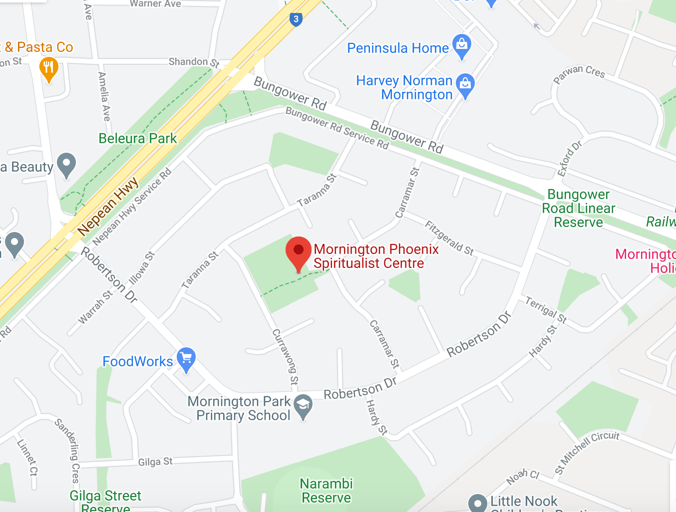 A map of the Mornington Spiritualist Church's location